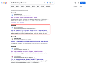 Burnett Wilson Law, a Nebraska based personal injury law firm, has ads showing for irrelevant searches. Pictured is their ad for the search “Car Accident Lawyer Powerpoint”.