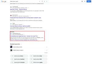 Sword & Broyles, a Kentucky based personal injury law firm, has ads showing for irrelevant searches. Pictured is their ad for the search "Beatrice Bijoux Lawyer".