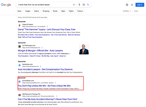 Ad appears when searching for "I never hear back from my car accident attorney"