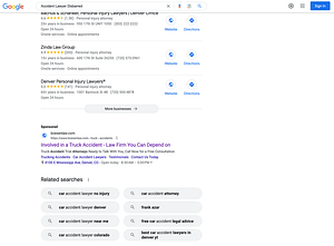 Boesen Law, a Colorado based personal injury law firm, has ads showing for irrelevant searches. Pictured is their ad for the search "Accident Lawyer Disbarred”.