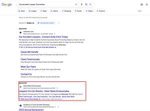 Dean Waite, an Alabama based personal injury law firm, has ads showing for irrelevant searches. Pictured is their ad for the search "Car Accident Lawyer Convention”.