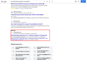 Romania Law, a Connecticut based personal injury law firm, has ads showing for irrelevant searches. Pictured is their ad for the search "Car Accident Lawyer Cheating On My Settlement".