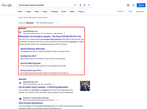 Dunk Law Firm, a Wisconsin based personal injury law firm, has ads showing for irrelevant searches. Pictured is their ad for the search “Car Accident Lawyer Convention”.