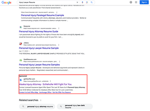 Frank J. Schlehofer, an Alaska based personal injury law firm, has ads showing for irrelevant searches. Pictured is their ad for the search "Injury Lawyer Resume".