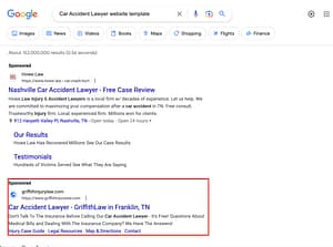 Griffith Law, a Tennessee based personal injury law firm, has ads showing for irrelevant searches. Pictured is their ad for the search "Car Accident Lawyer website template".