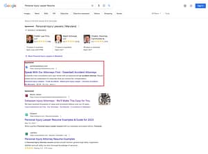 Portner & Shure, a Maryland based personal injury law firm, has ads showing for irrelevant searches. Pictured is their ad for the search "Personal Injury Lawyer Resume".