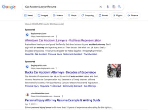 KaplunMarx, a Pennsylvania based personal injury law firm, has ads showing for irrelevant searches. Pictured is their ad for the search "Car Accident Lawyer Resume".