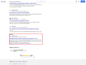 Cravens & Noll, a Virignia based personal injury law firm, has ads showing for irrelevant searches. Pictured is their ad for the search "Personal Injury Lawyer Resume".