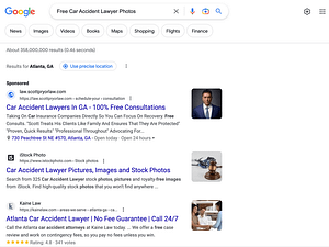 Scott Pryor Law Group, a Georgia based personal injury law firm, has ads showing for irrelevant searches. Pictured is their ad for the search "Free Car Accident Lawyer Photos".