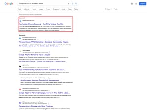 Pemberton PI Law Firm, a Wisconsin based personal injury law firm, has ads showing for irrelevant searches. Pictured is their ad for the search “Google Ads For Car Accident Lawyers”.
