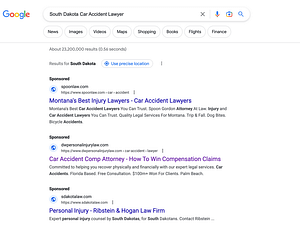 Donaldson & Weston, a Florida based personal injury law firm, has ads showing for irrelevant searches. Pictured is their ad for the search "South Dakota Car Accident Lawyer".