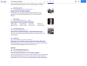 Campbell & Associates, a South Carolina based personal injury law firm, has ads showing for irrelevant searches. Pictured is their ad for the search “Car Accident Lawyer Detroit”.