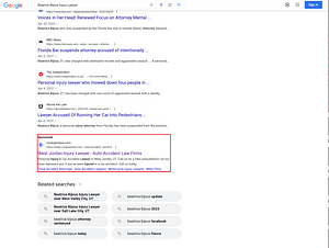 Cockayne Law, a Utah based personal injury law firm, has ads showing for irrelevant searches. Pictured is their ad for the search "Beatrice Bijoux Injury Lawyer".