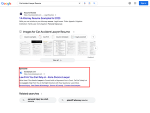 Pacific States Legal Group, a Hawaii based personal injury law firm, has ads showing for irrelevant searches. Pictured is their ad for the search "Car Accident Lawyer Resume".