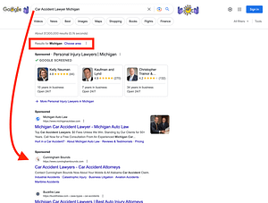 Cunningham Bounds, an Alabama based personal injury law firm, has ads showing for irrelevant searches. Pictured is their ad for the search "Car Accident Lawyer Michigan”.