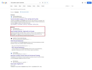 Law Office of Stanley A. Davis, a Tennessee based personal injury law firm, has ads showing for irrelevant searches. Pictured is their ad for the search "Car Accident Lawyer Convention".
