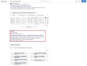 Robert J. DeBry & Associates, a Utah based personal injury law firm, has ads showing for irrelevant searches. Pictured is their ad for the search "Car Accident Lawyer Resume".