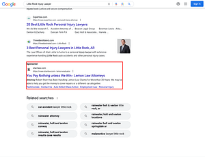 The Law Office of Robert L. Starr, a California based lemon law & personal injury law firm, has ads showing for irrelevant searches. Pictured is their ad for the search “Little Rock Injury Lawyer”.