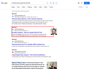Fiore Legal Trial Lawyers, a Washington based personal injury law firm, has ads showing for irrelevant searches. Pictured is their ad for the search “Personal Injury Lawyer From The Wire”.