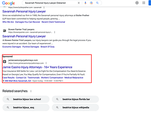 Jamie Casino Injury Attorneys, a Georgia based personal injury law firm, has ads showing for irrelevant searches. Pictured is their ad for the search "Savannah Personal Injury Lawyer Disbarred".