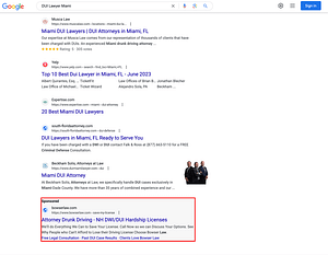 Bowser Law, a Maine based personal injury and DUI law firm, has ads showing for irrelevant searches. Pictured is their ad for the search "DUI Lawyer Miami".