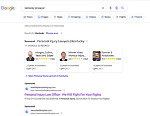 Woelfel & Woelfel, a West Virginia based personal injury law firm, has ads showing for irrelevant searches. Pictured is their ad for the search “Kentucky PI Lawyer”.