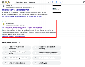 Burriss & Ridgeway is a law firm serving the people of South Carolina. However, their ad appears in a search for car accident lawyers in Philadelphia.