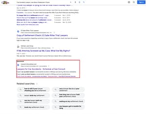 Rimrock Law, a Montana based personal injury law firm, has ads showing for irrelevant searches. Pictured is their ad for the search "Car Accident Lawyer Lied About Settlement Check".