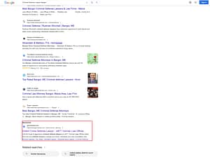 Jeff T. Gorman, a Florida based personal injury and criminal defense law firm, has ads showing for irrelevant searches. Pictured is their ad for the search "Criminal Defense Lawyer Bangor".