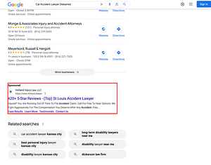 Holland Injury Law, a St. Louis based personal injury law firm, has ads showing for irrelevant searches. Pictured is their ad for the search "Car Accident Lawyer Disbarred".