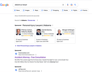 Lowercase, a Florida based personal injury law firm, has ads showing for irrelevant searches. Pictured is their ad for the search "Alabama PI Lawyer".