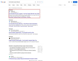 Segal, Berk, Gaines & Liss, a Pennsylvania based personal injury law firm, has ads showing for irrelevant searches. Pictured is their ad for the search "Car Accident Lawyer Resume".