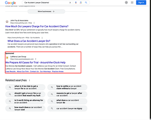 LaMarca Law Group, an Iowa based personal injury law firm, has ads showing for irrelevant searches. Pictured is their ad for the search "Car Accident Lawyer Disbarred".