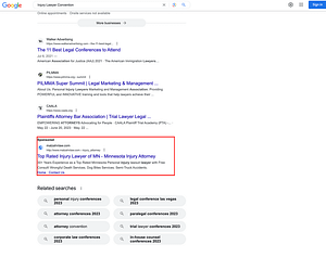 Malzahn Law, a Minnesota based personal injury law firm, has ads showing for irrelevant searches. Pictured is their ad for the search "Injury Lawyer Convention".