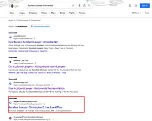 Law Office of Christopher D. Lee, a New Mexico based personal injury law firm, has ads showing for irrelevant searches. Pictured is their ad for the search "Accident Lawyer Convention".