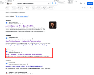 Delivering Google ads for the search query "Accident Lawyer Convention" on behalf of a personal injury law firm such as Ross, Midian & Breitmayer, licensed in Ohio and confirming its non-involvement in lawyer conventions, is widely regarded as an inefficient allocation of resources for various reasons.