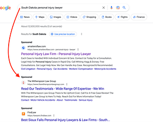 Witherspoon Law Group, a Florida based personal injury law firm, has ads showing for irrelevant searches. Pictured is their ad for the search "South Dakota Personal Injury Lawyer".