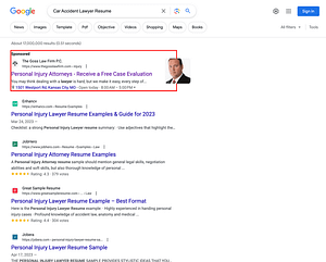 The Goss Law Firm, a Kansas City based personal injury law firm, has ads showing for irrelevant searches. Pictured is their ad for the search "Car Accident Lawyer Resume".