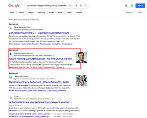Greenspan & Greenspan, a New York based personal injury law firm, has ads showing for irrelevant searches. Pictured is their ad for the search "Car Accident Lawyer Cheating On My Settlement".