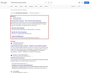 Bernard Law Group, a Washington based personal injury law firm, has ads showing for irrelevant searches. Pictured is their ad for the search “Truck Accident Lawyer Convention”.