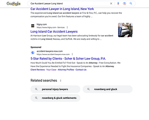 Scher & Scher Law Group, a Florida based personal injury law firm, has ads showing for irrelevant searches. Pictured is their ad for the search "Car Accident Lawyer Long Island".