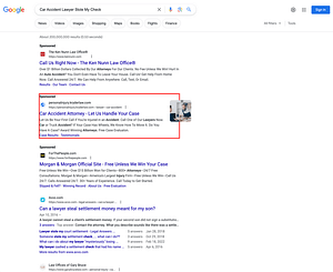 The Kryder Law Group, an Indiana based personal injury law firm, has ads showing for irrelevant searches. Pictured is their ad for the search "Car Accident Lawyer Stole My Check".