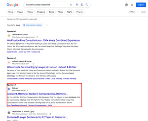 Lawyer, Lawyer, Dutton, Drake & Conklin, an Iowa based personal injury lawyer, has ads showing for irrelevant searches. Pictured is their ad for the search "Accident Lawyer Disbarred".