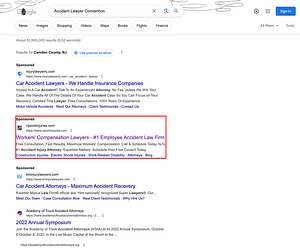 Pietras Saracino Smith & Meeks, a New Jersey based workers compensation law firm, has ads showing for irrelevant searches. Pictured is their ad for the search "Accident Lawyer Convention".