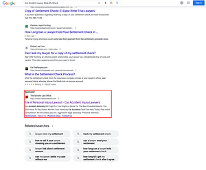 The Schafer Law Office, a Kentucky based personal injury law firm, has ads showing for irrelevant searches. Pictured is their ad for the search "Car Accident Lawyer Stole My Check".