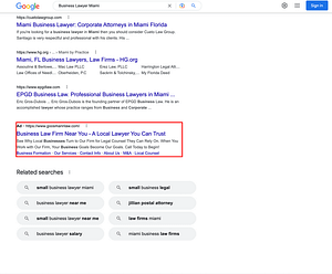 Goosmann Law Firm, a Nebraska based business law firm, has ads showing for irrelevant searches. Pictured is their ad for the search "Business Lawyer Miami".