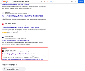 Miley Legal, a West Virginia based personal injury law firm, has ads showing for irrelevant searches. Pictured is their ad for the search “Personal Injury Lawyer Resume”.