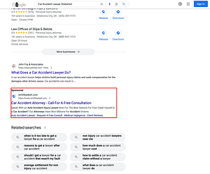 Google Ad appears when searching for "Car Accident Lawyer Disbarred"