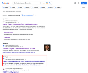 Syfrett, Dykes & Furr, an Alabama based personal injury law firm, has ads showing for irrelevant searches. Pictured is their ad for the search "Car Accident Lawyer Convention”.