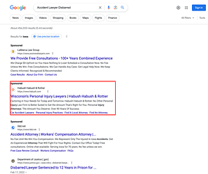 Habush, a Wisconsin based personal injury law firm, has ads showing for irrelevant searches. Pictured is their ad for the search “Accident Lawyer Disbarred”.